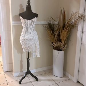 White lace corset draped mini dress, Bride reception dress, bachelorette party